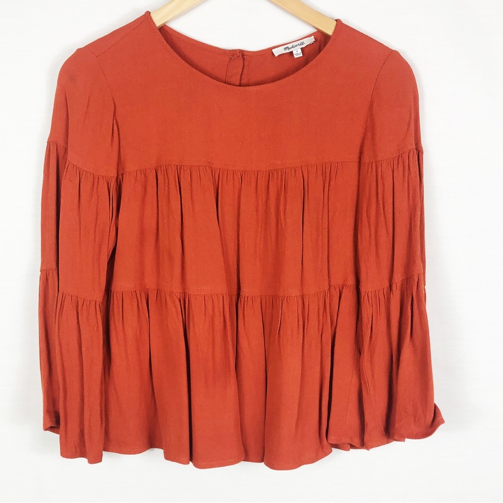 Madewell Tiered Button Back Blouse | Rust Orange | Size Small